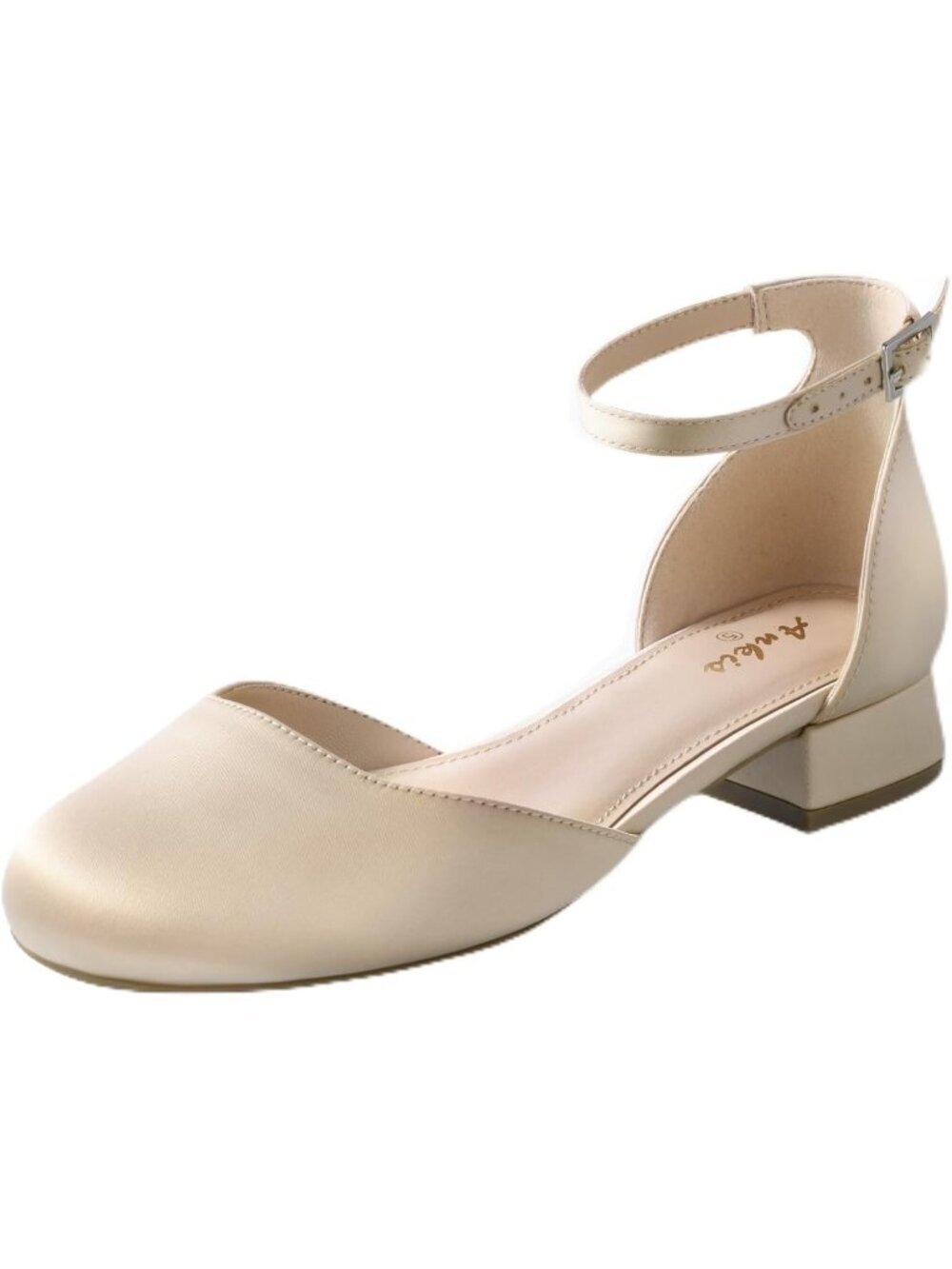 Women's Nude Satin Closed Toe 1 Inch Flat Low Block Heel Ankle Strap Shoes
